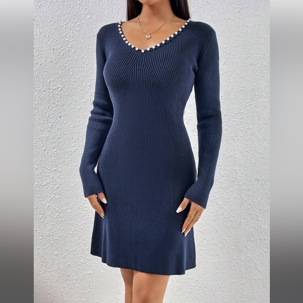 Blue Ribbed Knit Pearl V neck Sweater Dress
